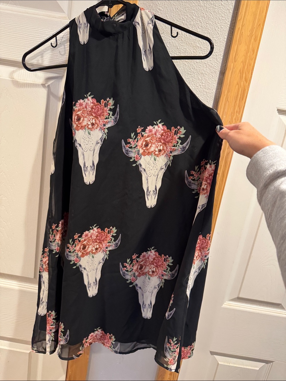 Pink Owl Black Floral Skull Halter Midi Dress with Pink Accents
